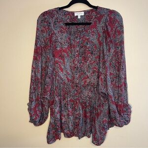 Flowy and feminine Lucky Brand boho blouse in a rich burgundy paisley print XL